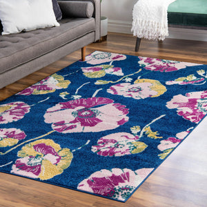 Navy Blue 6' x 9' Bloom Rectangle Area Rug 100% Polypropylene With Cotton Backing Easy Clean Colorful Blooming Flower Floral Carpet for Living Dining Room Office Dorms for Sale at Rug Engine
