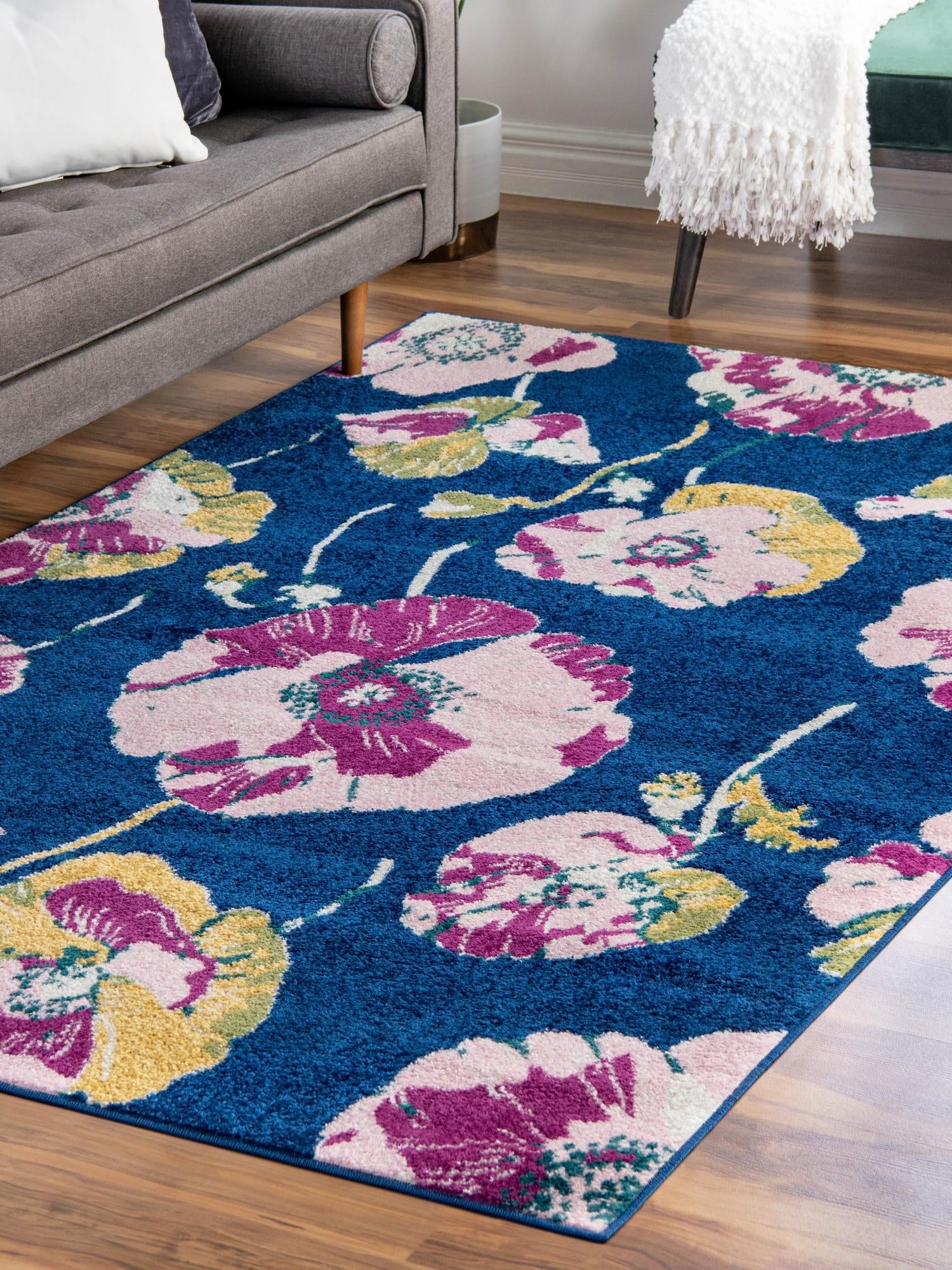 Navy Blue 3' x 5' 3 Bloom Rectangle Area Rug 100% Polypropylene With Cotton Backing Easy Clean Colorful Blooming Flower Floral Carpet for Living Dining Room Office Dorms for Sale at Rug Engine