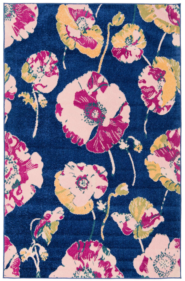 Navy Blue 5' 3 x 8' Bloom Rectangle Area Rug 100% Polypropylene With Cotton Backing Easy Clean Colorful Blooming Flower Floral Carpet for Living Dining Room Office Dorms for Sale at Rug Engine