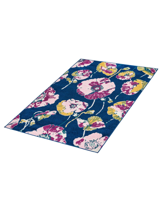 Navy Blue 4' x 6' Bloom Rectangle Area Rug 100% Polypropylene With Cotton Backing Easy Clean Colorful Blooming Flower Floral Carpet for Living Dining Room Office Dorms for Sale at Rug Engine