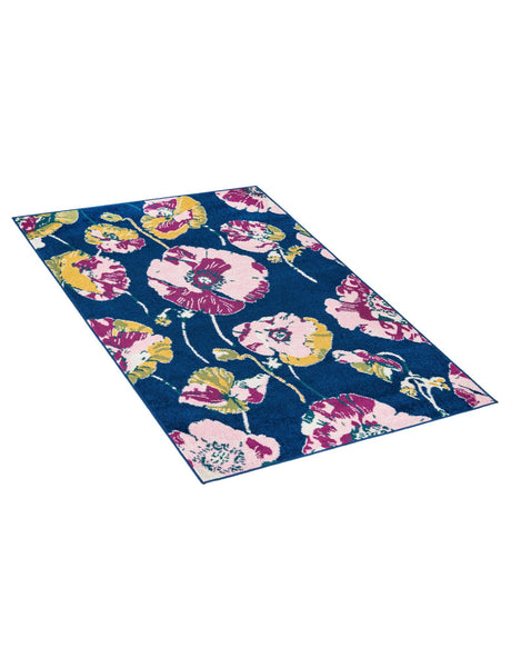 Navy Blue 4' x 6' Bloom Rectangle Area Rug 100% Polypropylene With Cotton Backing Easy Clean Colorful Blooming Flower Floral Carpet for Living Dining Room Office Dorms for Sale at Rug Engine