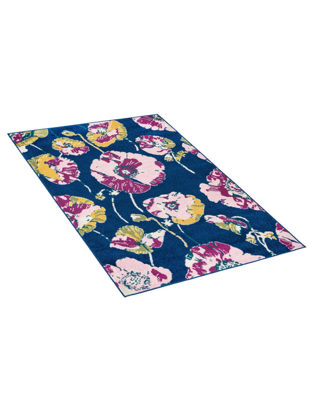 Navy Blue 4' x 6' Bloom Rectangle Area Rug 100% Polypropylene With Cotton Backing Easy Clean Colorful Blooming Flower Floral Carpet for Living Dining Room Office Dorms for Sale at Rug Engine