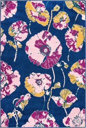 Navy Blue 4' x 6' Bloom Rectangle Area Rug 100% Polypropylene With Cotton Backing Easy Clean Colorful Blooming Flower Floral Carpet for Living Dining Room Office Dorms for Sale at Rug Engine