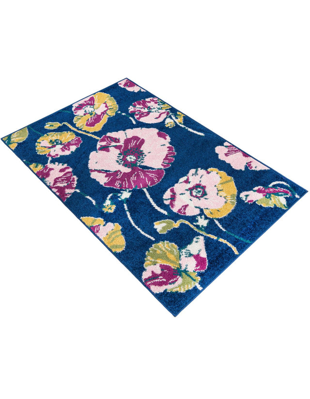 Navy Blue 3' x 5' 3 Bloom Rectangle Area Rug 100% Polypropylene With Cotton Backing Easy Clean Colorful Blooming Flower Floral Carpet for Living Dining Room Office Dorms for Sale at Rug Engine