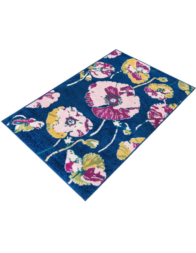 Navy Blue 3' x 5' 3 Bloom Rectangle Area Rug 100% Polypropylene With Cotton Backing Easy Clean Colorful Blooming Flower Floral Carpet for Living Dining Room Office Dorms for Sale at Rug Engine
