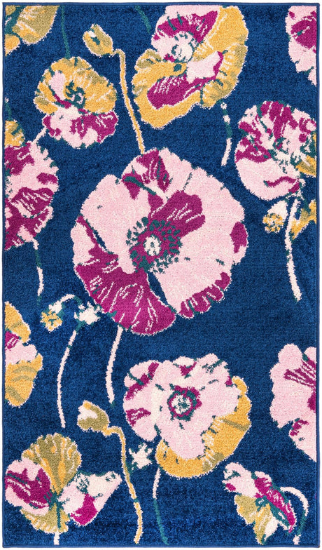 Navy Blue 3' x 5' 3 Bloom Rectangle Area Rug 100% Polypropylene With Cotton Backing Easy Clean Colorful Blooming Flower Floral Carpet for Living Dining Room Office Dorms for Sale at Rug Engine