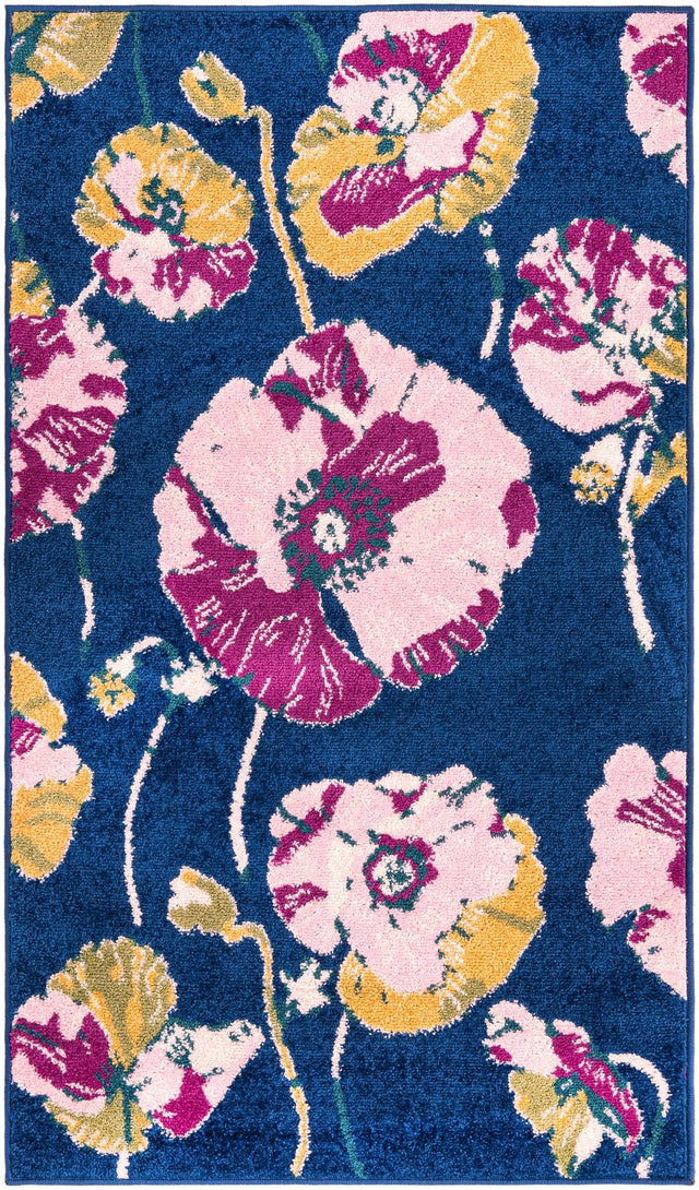 Navy Blue 3' x 5' 3 Bloom Rectangle Area Rug 100% Polypropylene With Cotton Backing Easy Clean Colorful Blooming Flower Floral Carpet for Living Dining Room Office Dorms for Sale at Rug Engine