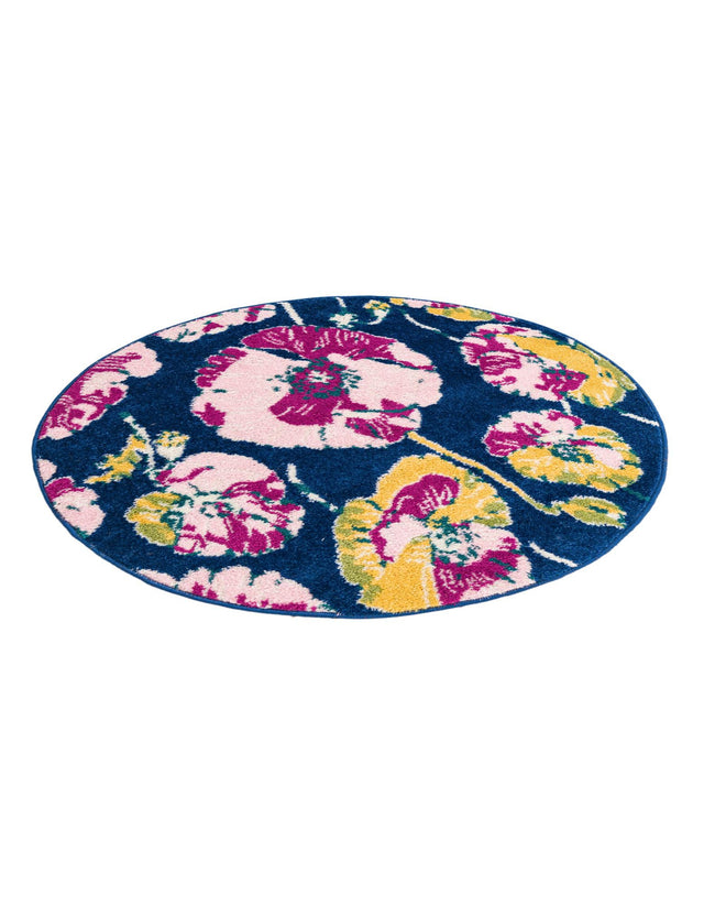 Navy Blue 3' 3 x 3' 3 Bloom Round Area Rug 100% Polypropylene With Cotton Backing Easy Clean Colorful Blooming Flower Floral Carpet for Living Dining Room Office Dorms for Sale at Rug Engine