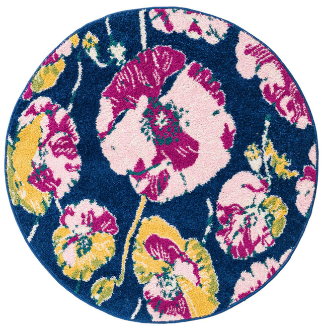 Navy Blue 3' 3 x 3' 3 Bloom Round Area Rug 100% Polypropylene With Cotton Backing Easy Clean Colorful Blooming Flower Floral Carpet for Living Dining Room Office Dorms for Sale at Rug Engine