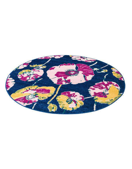 Navy Blue 5' 3 x 5' 3 Bloom Round Area Rug 100% Polypropylene With Cotton Backing Easy Clean Colorful Blooming Flower Floral Carpet for Living Dining Room Office Dorms for Sale at Rug Engine