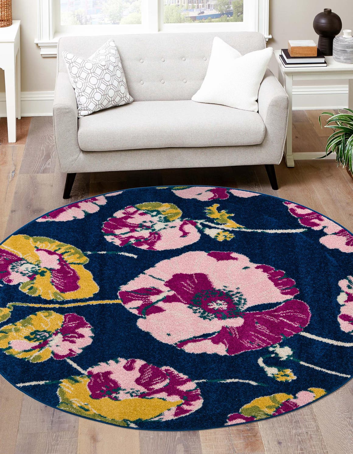 Navy Blue 5' 3 x 5' 3 Bloom Round Area Rug 100% Polypropylene With Cotton Backing Easy Clean Colorful Blooming Flower Floral Carpet for Living Dining Room Office Dorms for Sale at Rug Engine