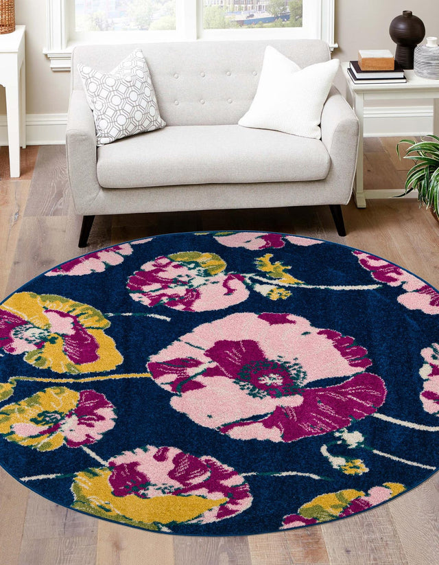 Navy Blue 6' x 6' Bloom Round Area Rug 100% Polypropylene With Cotton Backing Easy Clean Colorful Blooming Flower Floral Carpet for Living Dining Room Office Dorms for Sale at Rug Engine