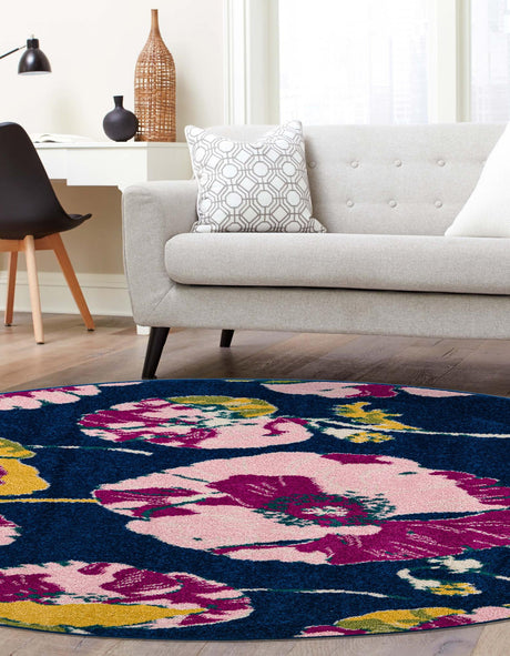 Navy Blue 6' x 6' Bloom Round Area Rug 100% Polypropylene With Cotton Backing Easy Clean Colorful Blooming Flower Floral Carpet for Living Dining Room Office Dorms for Sale at Rug Engine