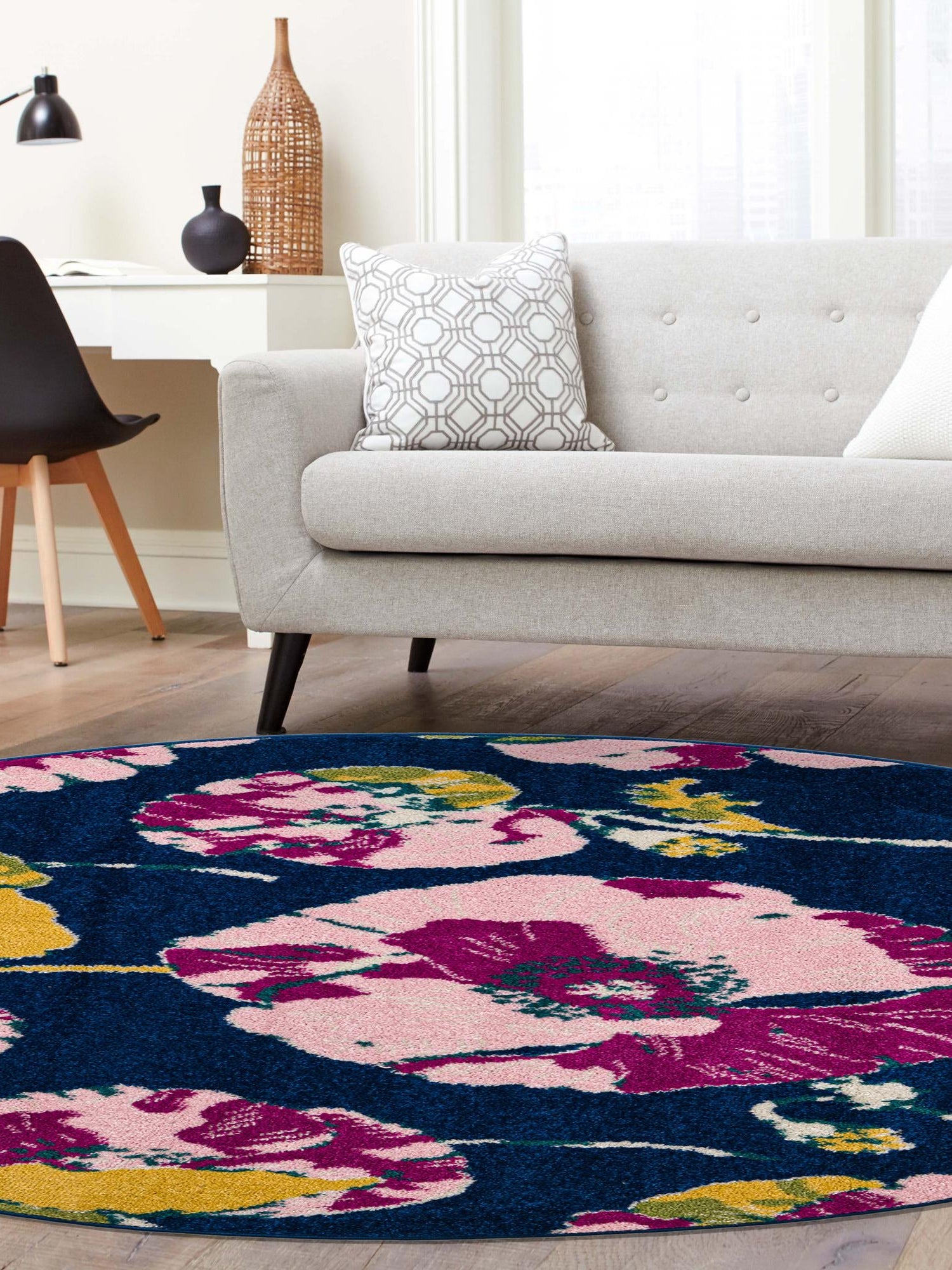 Navy Blue 3' 3 x 3' 3 Bloom Round Area Rug 100% Polypropylene With Cotton Backing Easy Clean Colorful Blooming Flower Floral Carpet for Living Dining Room Office Dorms for Sale at Rug Engine