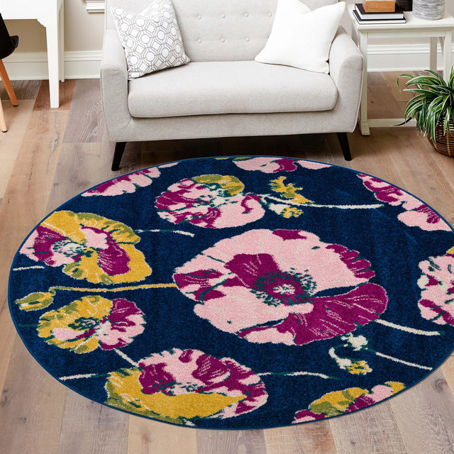 Navy Blue 5' 3 x 5' 3 Bloom Round Area Rug 100% Polypropylene With Cotton Backing Easy Clean Colorful Blooming Flower Floral Carpet for Living Dining Room Office Dorms for Sale at Rug Engine