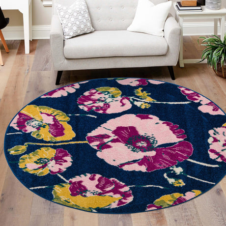 Navy Blue 3' 3 x 3' 3 Bloom Round Area Rug 100% Polypropylene With Cotton Backing Easy Clean Colorful Blooming Flower Floral Carpet for Living Dining Room Office Dorms for Sale at Rug Engine
