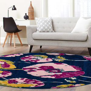 Navy Blue 5' 3 x 5' 3 Bloom Round Area Rug 100% Polypropylene With Cotton Backing Easy Clean Colorful Blooming Flower Floral Carpet for Living Dining Room Office Dorms for Sale at Rug Engine