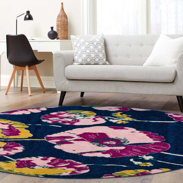 Navy Blue 5' 3 x 5' 3 Bloom Round Area Rug 100% Polypropylene With Cotton Backing Easy Clean Colorful Blooming Flower Floral Carpet for Living Dining Room Office Dorms for Sale at Rug Engine