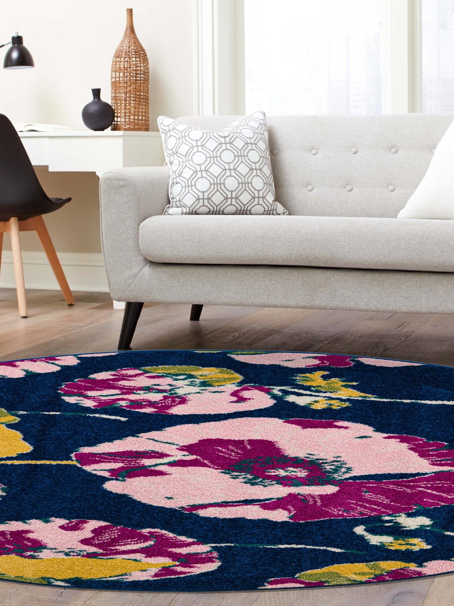 Navy Blue 3' 3 x 3' 3 Bloom Round Area Rug 100% Polypropylene With Cotton Backing Easy Clean Colorful Blooming Flower Floral Carpet for Living Dining Room Office Dorms for Sale at Rug Engine