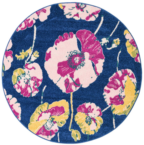 Navy Blue 5' 3 x 5' 3 Bloom Round Area Rug 100% Polypropylene With Cotton Backing Easy Clean Colorful Blooming Flower Floral Carpet for Living Dining Room Office Dorms for Sale at Rug Engine