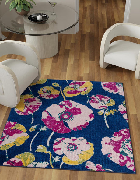 Navy Blue 7' 10 x 7' 10 Bloom Square Area Rug 100% Polypropylene With Cotton Backing Easy Clean Colorful Blooming Flower Floral Carpet for Living Dining Room Office Dorms for Sale at Rug Engine