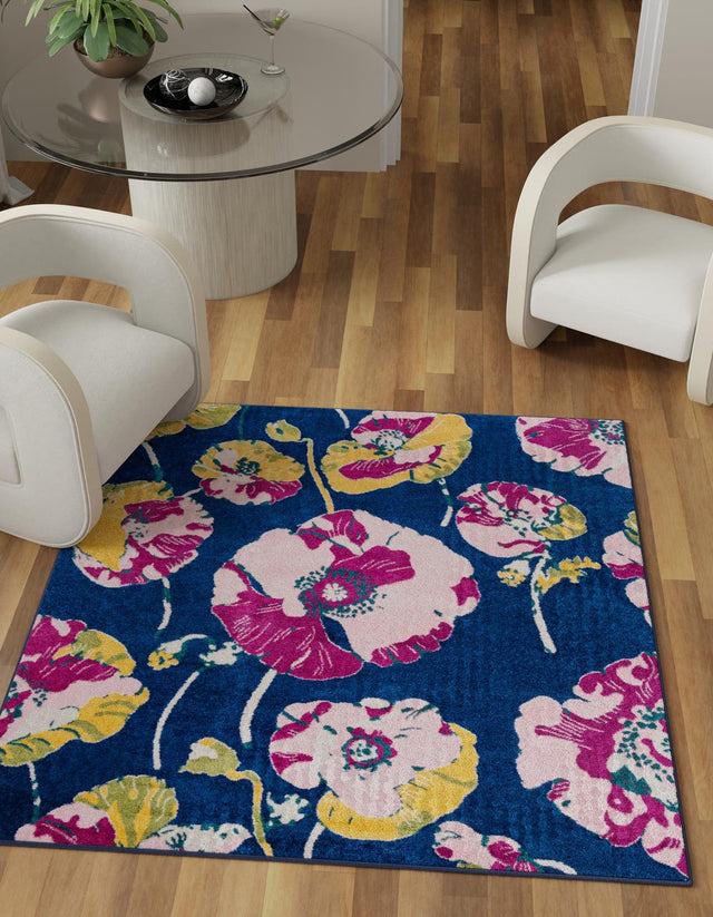 Navy Blue 7' 10 x 7' 10 Bloom Square Area Rug 100% Polypropylene With Cotton Backing Easy Clean Colorful Blooming Flower Floral Carpet for Living Dining Room Office Dorms for Sale at Rug Engine