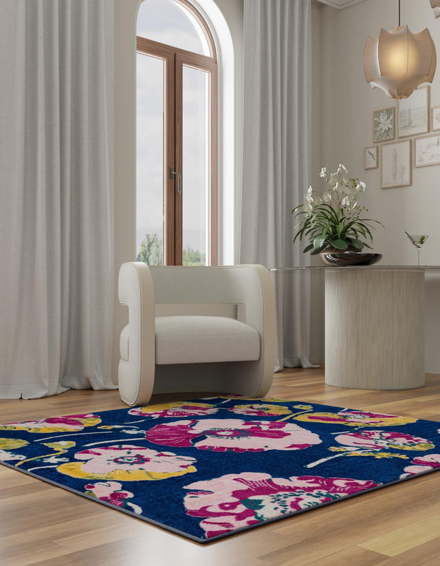 Navy Blue 7' 10 x 7' 10 Bloom Square Area Rug 100% Polypropylene With Cotton Backing Easy Clean Colorful Blooming Flower Floral Carpet for Living Dining Room Office Dorms for Sale at Rug Engine