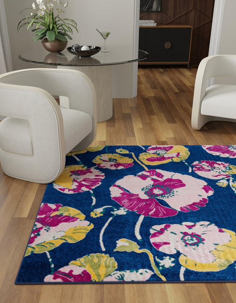 Navy Blue 7' 10 x 7' 10 Bloom Square Area Rug 100% Polypropylene With Cotton Backing Easy Clean Colorful Blooming Flower Floral Carpet for Living Dining Room Office Dorms for Sale at Rug Engine