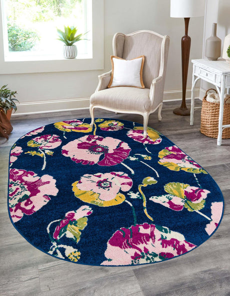 Navy Blue 6' x 9' Bloom Oval Area Rug 100% Polypropylene With Cotton Backing Easy Clean Colorful Blooming Flower Floral Carpet for Living Dining Room Office Dorms for Sale at Rug Engine