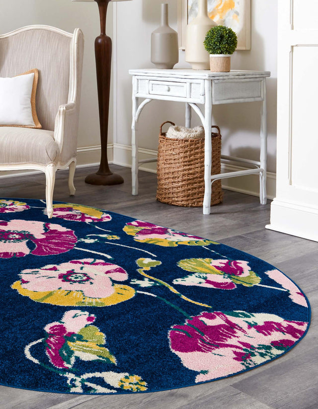 Navy Blue 7' 10 x 10' Bloom Oval Area Rug 100% Polypropylene With Cotton Backing Easy Clean Colorful Blooming Flower Floral Carpet for Living Dining Room Office Dorms for Sale at Rug Engine