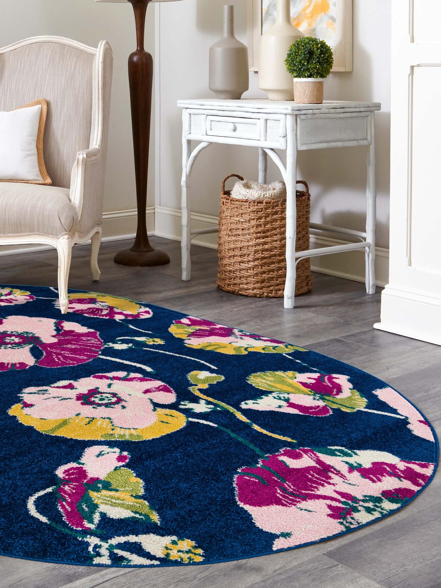 Navy Blue 5' 3 x 7' 10 Bloom Oval Area Rug 100% Polypropylene With Cotton Backing Easy Clean Colorful Blooming Flower Floral Carpet for Living Dining Room Office Dorms for Sale at Rug Engine