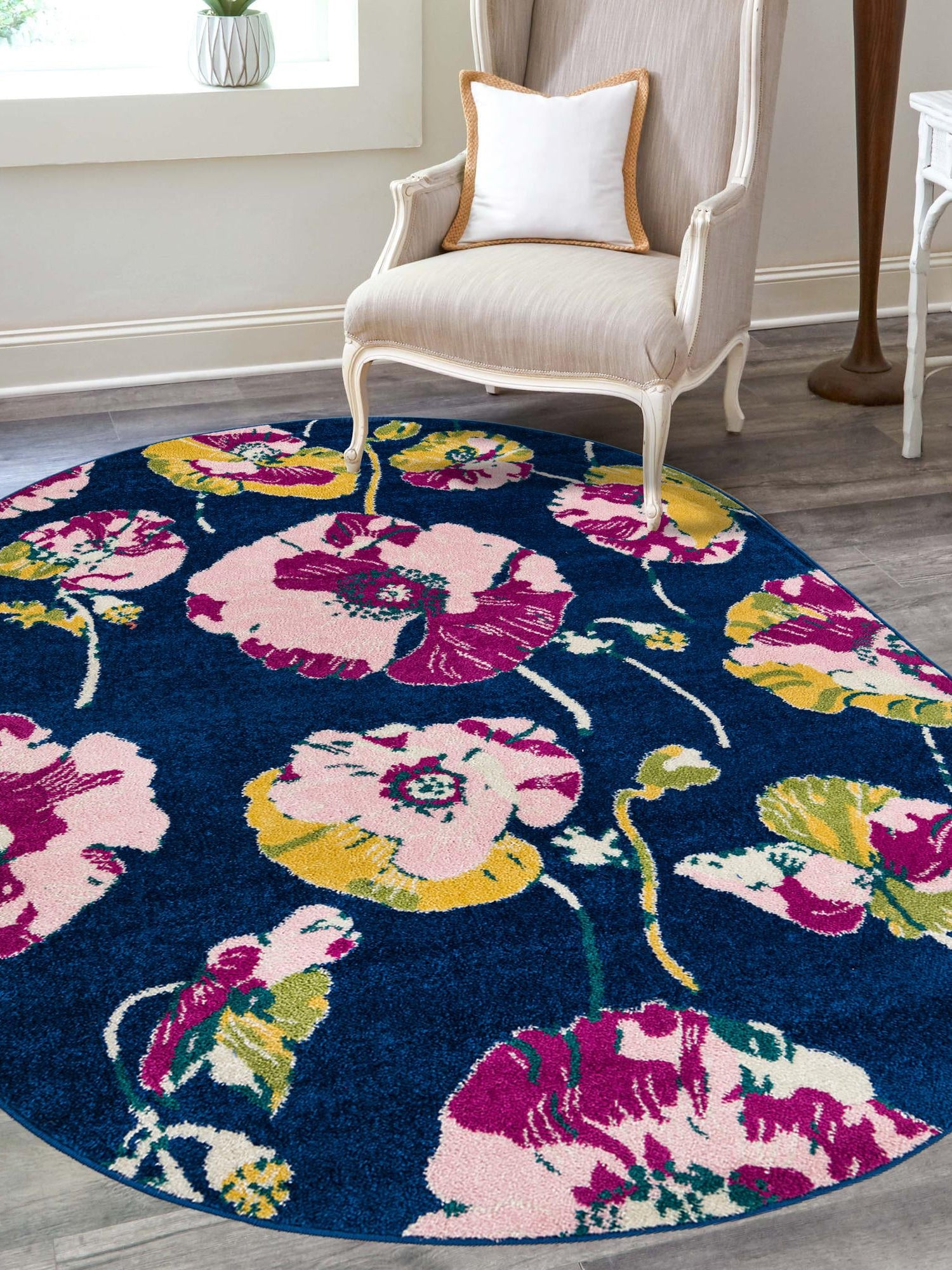 Navy Blue 7' 10 x 10' Bloom Oval Area Rug 100% Polypropylene With Cotton Backing Easy Clean Colorful Blooming Flower Floral Carpet for Living Dining Room Office Dorms for Sale at Rug Engine