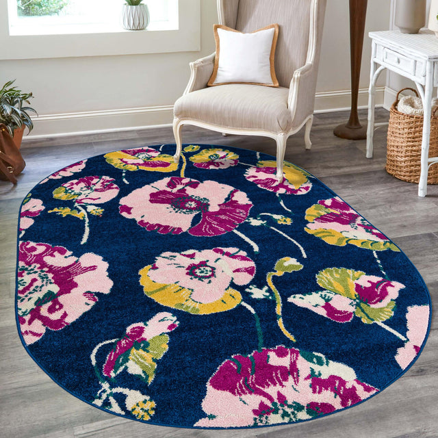 Navy Blue 7' 10 x 10' Bloom Oval Area Rug 100% Polypropylene With Cotton Backing Easy Clean Colorful Blooming Flower Floral Carpet for Living Dining Room Office Dorms for Sale at Rug Engine