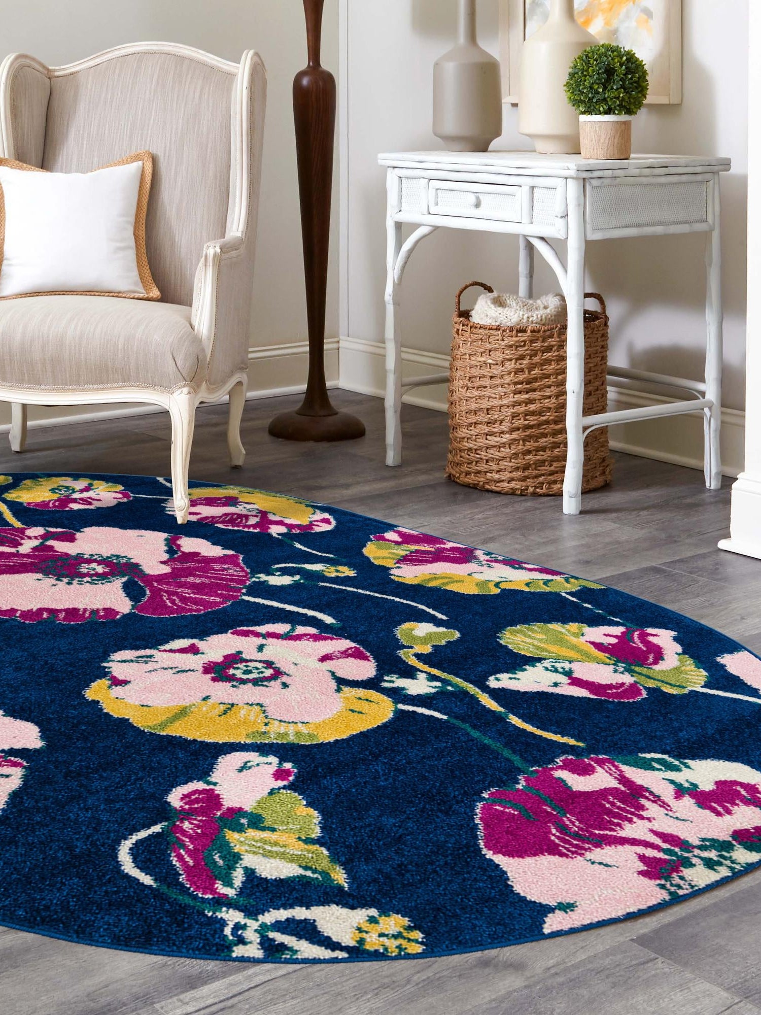 Navy Blue 7' 10 x 10' Bloom Oval Area Rug 100% Polypropylene With Cotton Backing Easy Clean Colorful Blooming Flower Floral Carpet for Living Dining Room Office Dorms for Sale at Rug Engine