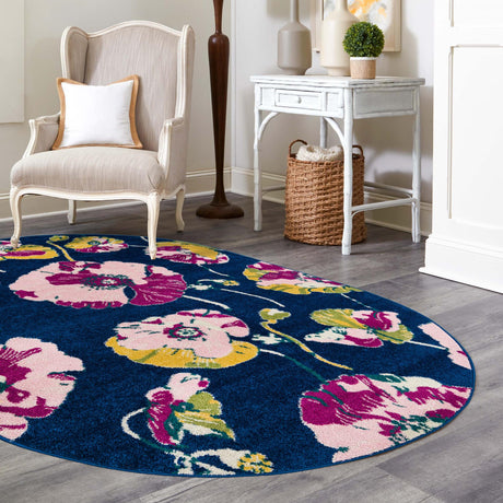 Navy Blue 7' 10 x 10' Bloom Oval Area Rug 100% Polypropylene With Cotton Backing Easy Clean Colorful Blooming Flower Floral Carpet for Living Dining Room Office Dorms for Sale at Rug Engine
