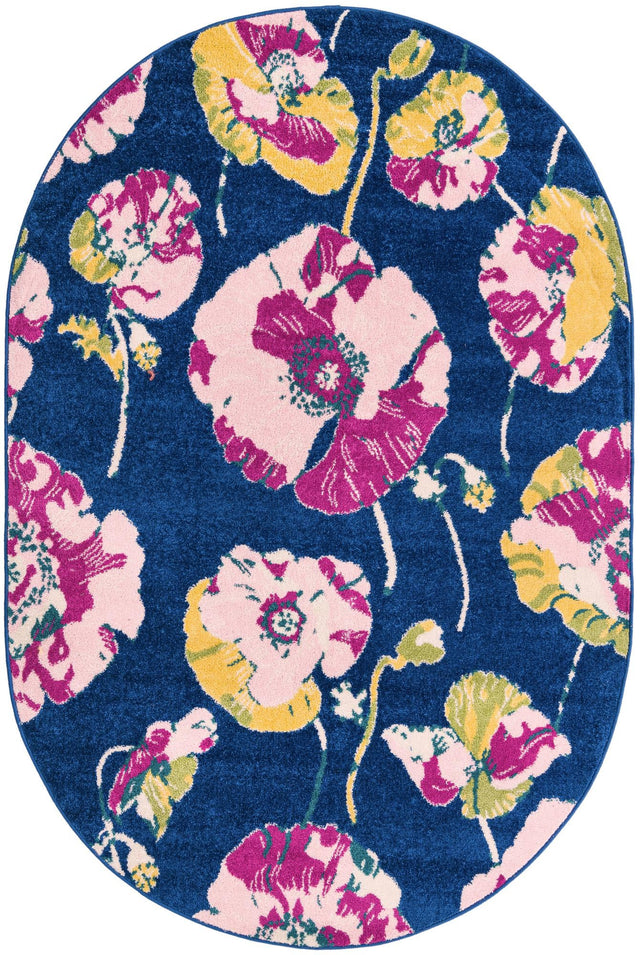 Navy Blue 5' 3 x 7' 10 Bloom Oval Area Rug 100% Polypropylene With Cotton Backing Easy Clean Colorful Blooming Flower Floral Carpet for Living Dining Room Office Dorms for Sale at Rug Engine