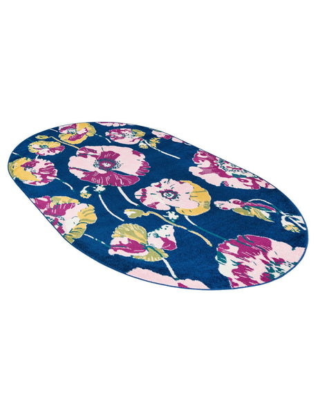 Navy Blue 6' x 9' Bloom Oval Area Rug 100% Polypropylene With Cotton Backing Easy Clean Colorful Blooming Flower Floral Carpet for Living Dining Room Office Dorms for Sale at Rug Engine