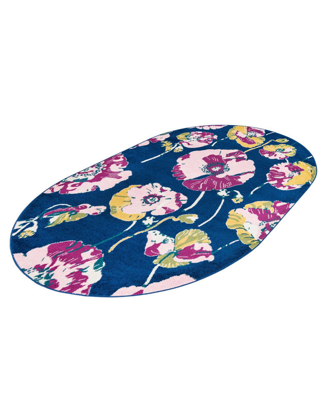 Navy Blue 6' x 9' Bloom Oval Area Rug 100% Polypropylene With Cotton Backing Easy Clean Colorful Blooming Flower Floral Carpet for Living Dining Room Office Dorms for Sale at Rug Engine