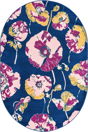 Navy Blue 6' x 9' Bloom Oval Area Rug 100% Polypropylene With Cotton Backing Easy Clean Colorful Blooming Flower Floral Carpet for Living Dining Room Office Dorms for Sale at Rug Engine