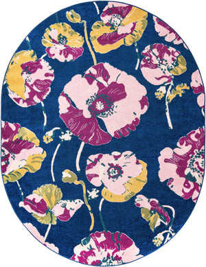 Navy Blue 7' 10 x 10' Bloom Oval Area Rug 100% Polypropylene With Cotton Backing Easy Clean Colorful Blooming Flower Floral Carpet for Living Dining Room Office Dorms for Sale at Rug Engine