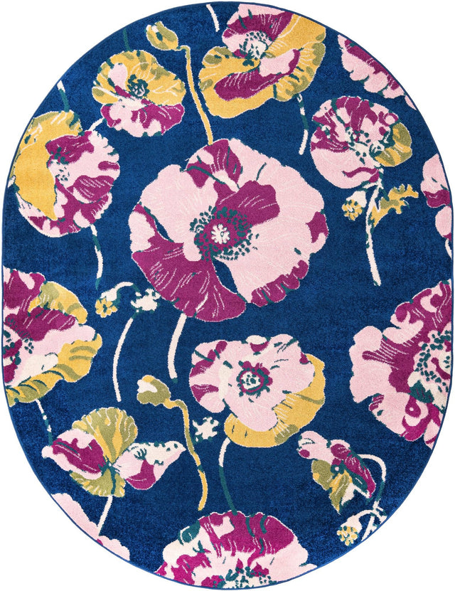 Navy Blue 7' 10 x 10' Bloom Oval Area Rug 100% Polypropylene With Cotton Backing Easy Clean Colorful Blooming Flower Floral Carpet for Living Dining Room Office Dorms for Sale at Rug Engine