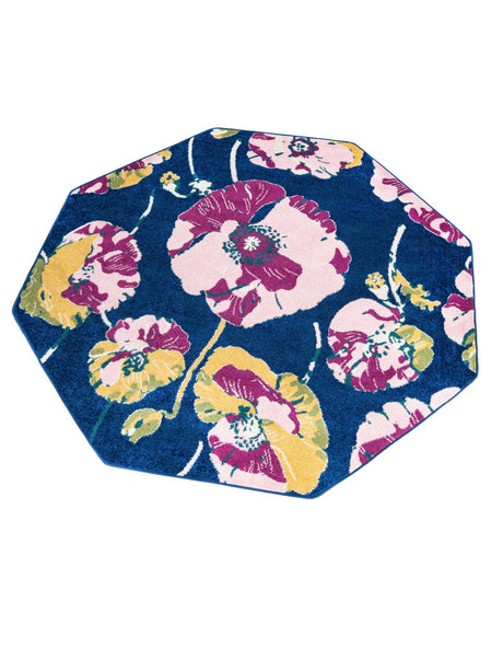 Navy Blue 7' x 7' Bloom Octagon Area Rug 100% Polypropylene With Cotton Backing Easy Clean Colorful Blooming Flower Floral Carpet for Living Dining Room Office Dorms for Sale at Rug Engine