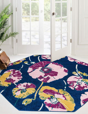 Navy Blue 7' x 7' Bloom Octagon Area Rug 100% Polypropylene With Cotton Backing Easy Clean Colorful Blooming Flower Floral Carpet for Living Dining Room Office Dorms for Sale at Rug Engine