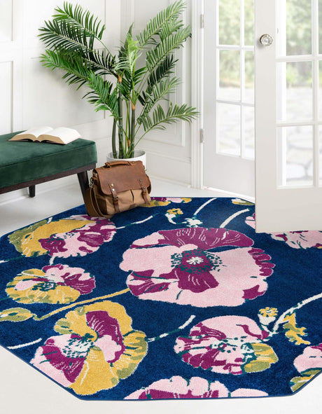 Navy Blue 7' x 7' Bloom Octagon Area Rug 100% Polypropylene With Cotton Backing Easy Clean Colorful Blooming Flower Floral Carpet for Living Dining Room Office Dorms for Sale at Rug Engine