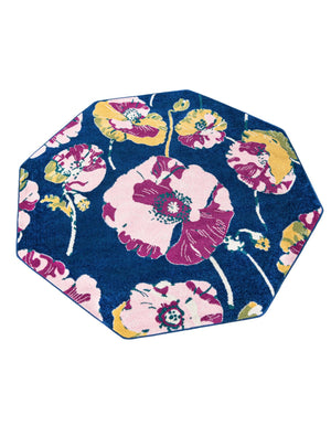 Navy Blue 7' x 7' Bloom Octagon Area Rug 100% Polypropylene With Cotton Backing Easy Clean Colorful Blooming Flower Floral Carpet for Living Dining Room Office Dorms for Sale at Rug Engine