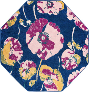 Navy Blue 7' x 7' Bloom Octagon Area Rug 100% Polypropylene With Cotton Backing Easy Clean Colorful Blooming Flower Floral Carpet for Living Dining Room Office Dorms for Sale at Rug Engine