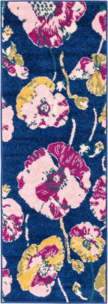 Navy Blue 2' x 6' Bloom Runner Area Rug 100% Polypropylene With Cotton Backing Easy Clean Colorful Blooming Flower Floral Carpet for Living Dining Room Office Dorms for Sale at Rug Engine