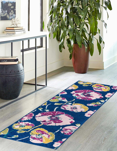 Navy Blue 2' x 8' Bloom Runner Area Rug 100% Polypropylene With Cotton Backing Easy Clean Colorful Blooming Flower Floral Carpet for Living Dining Room Office Dorms for Sale at Rug Engine