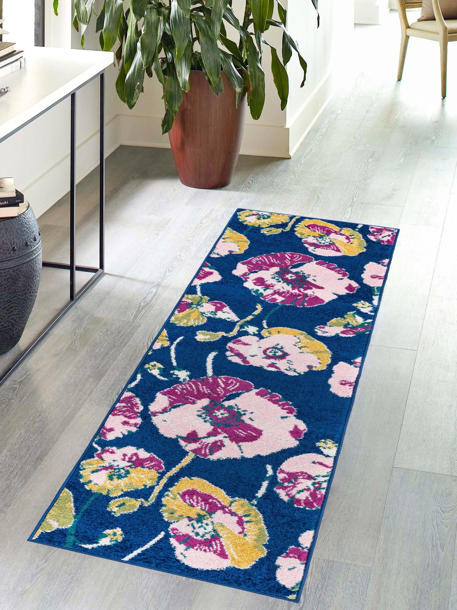 Navy Blue 2' 7 x 12' Bloom Runner Area Rug 100% Polypropylene With Cotton Backing Easy Clean Colorful Blooming Flower Floral Carpet for Living Dining Room Office Dorms for Sale at Rug Engine
