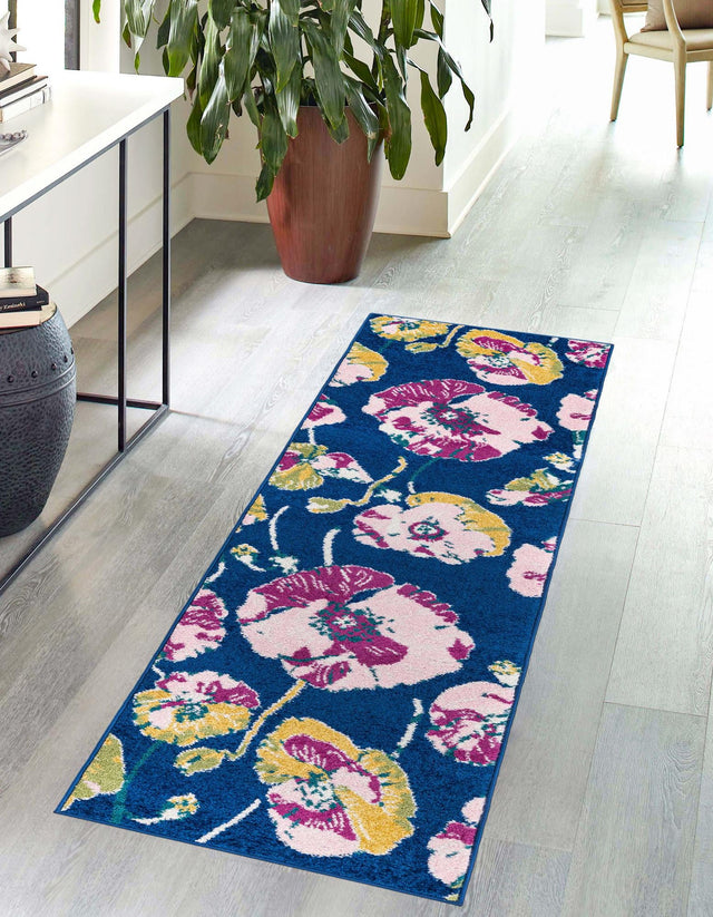 Navy Blue 2' 7 x 12' Bloom Runner Area Rug 100% Polypropylene With Cotton Backing Easy Clean Colorful Blooming Flower Floral Carpet for Living Dining Room Office Dorms for Sale at Rug Engine